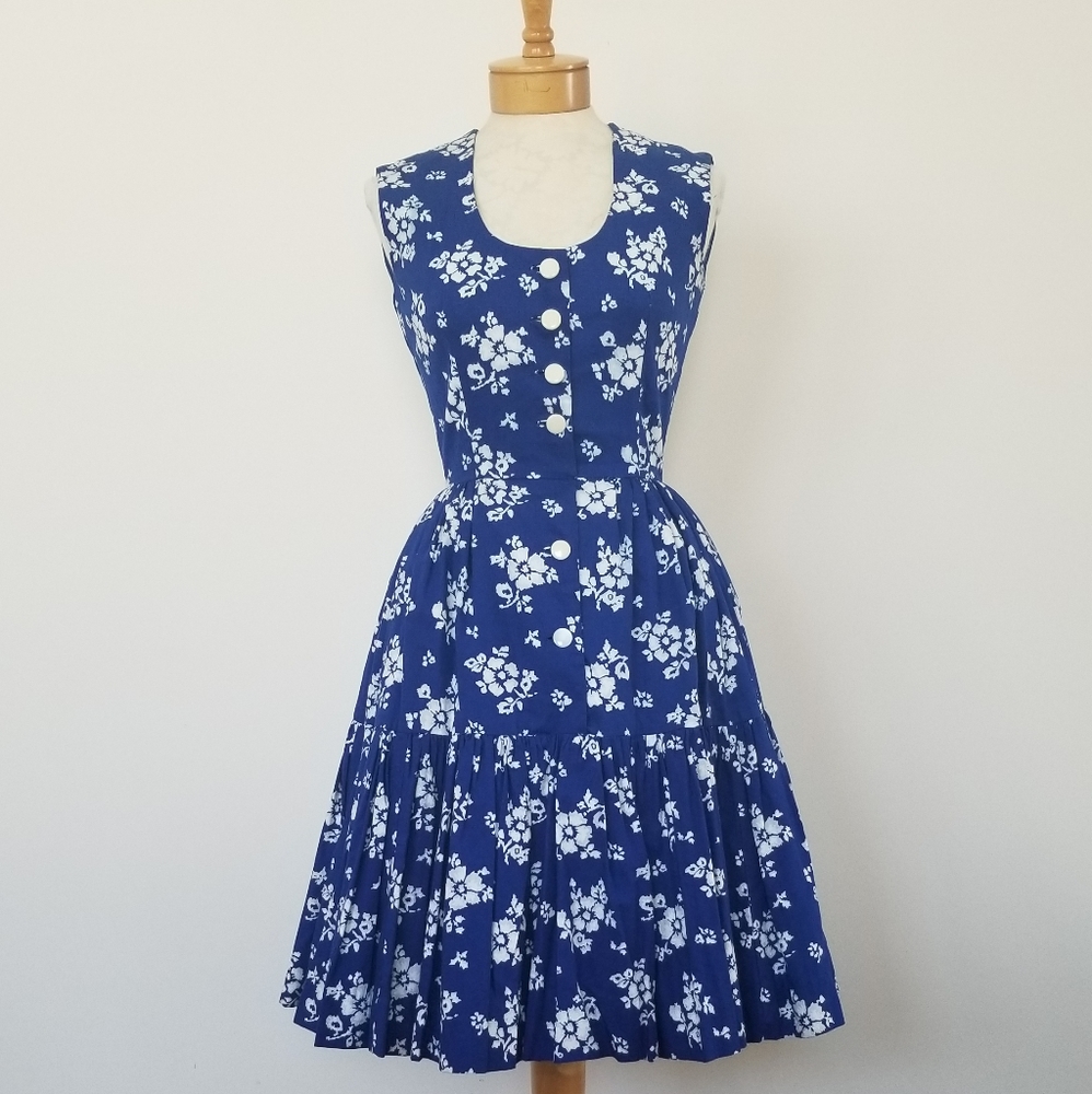 VINTAGE HANDMADE Hawaiian floral blue dress
